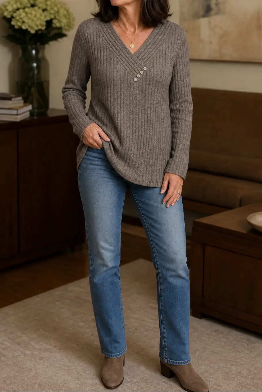 Carolina | Jersey de Canalé con Cuello en Pico y Botones