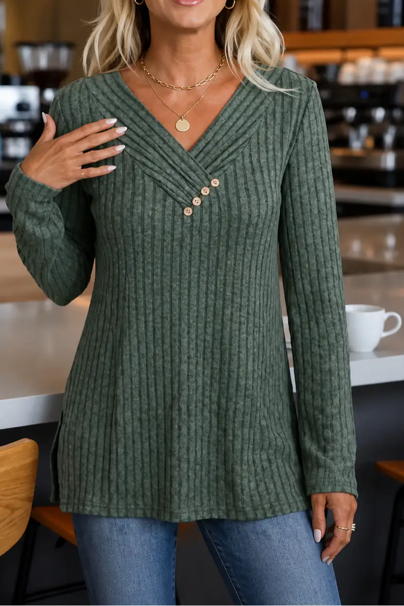 Carolina | Jersey de Canalé con Cuello en Pico y Botones